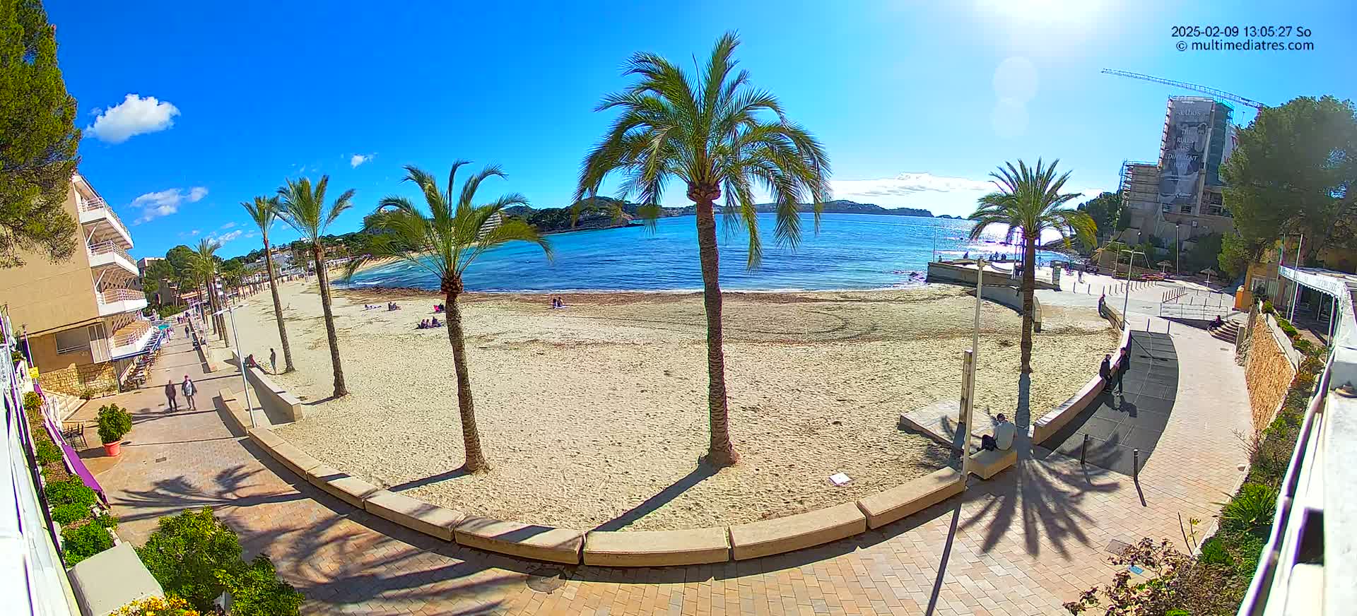 A sandy beach with palm trees and several people is shown on a sunny day, next to a paved walkway and buildings.