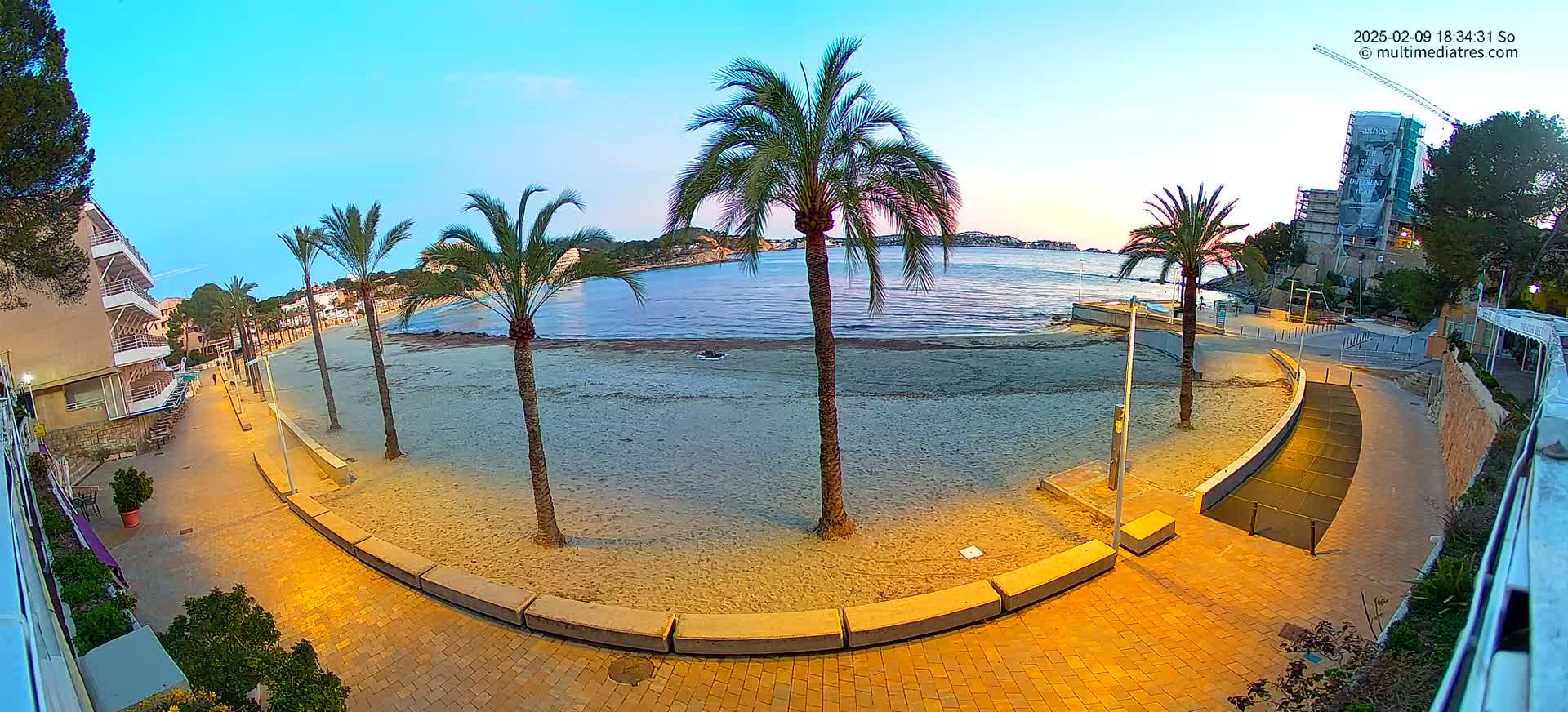 A sandy beach at dusk, lined with palm trees and a paved walkway, is bordered by buildings and overlooks calm water.
