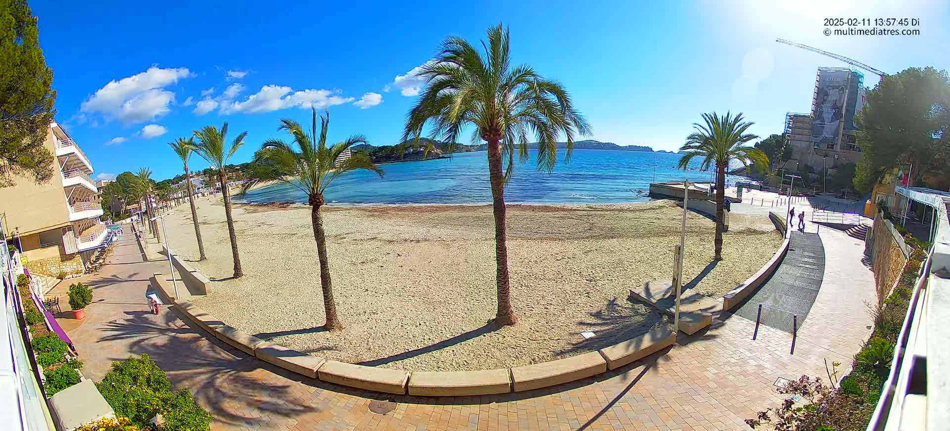 A sandy beach with palm trees lines a paved walkway next to a calm, blue ocean under a mostly sunny sky.