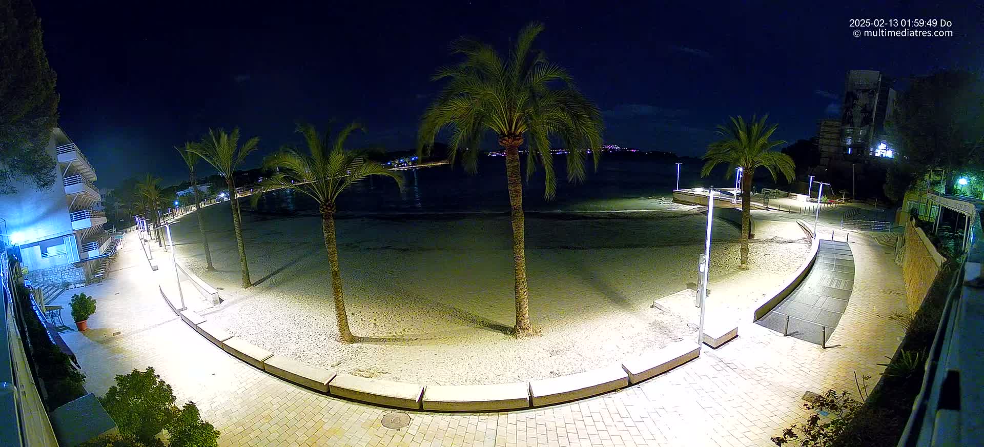 A nighttime view of a sandy beach bordered by a paved walkway lined with palm trees and lit by lampposts.