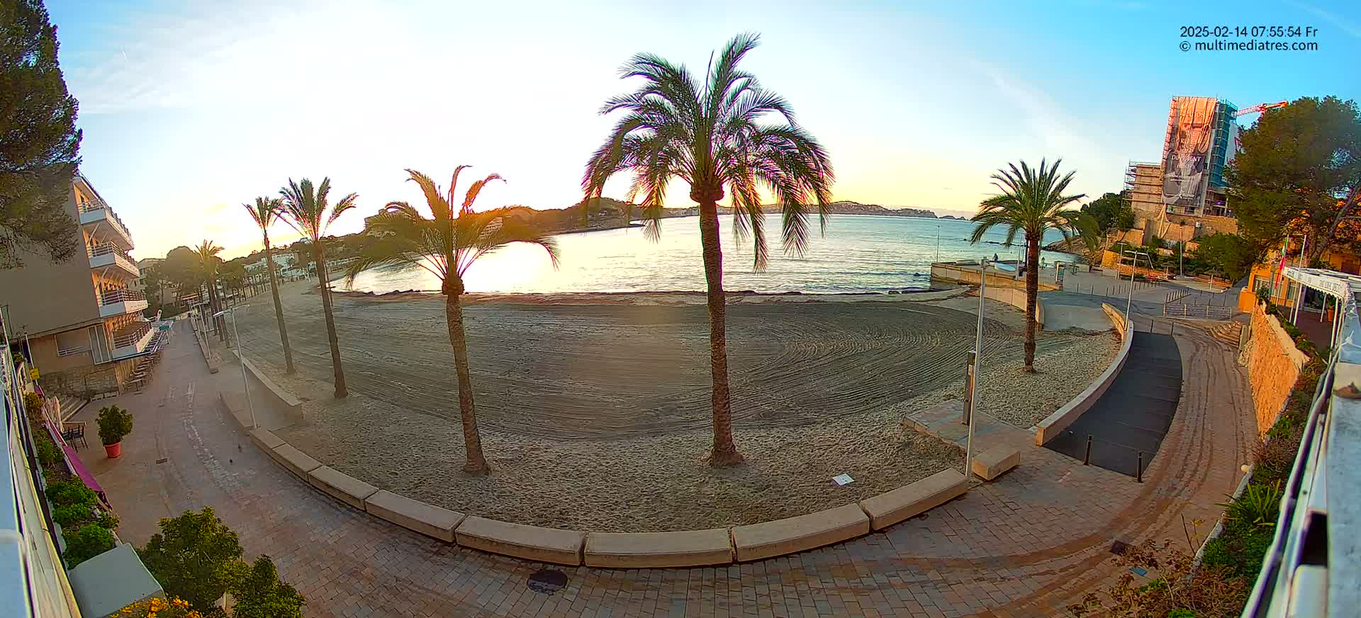 A sandy beach at sunrise is bordered by palm trees, a paved walkway, and buildings, with calm water visible in the background.