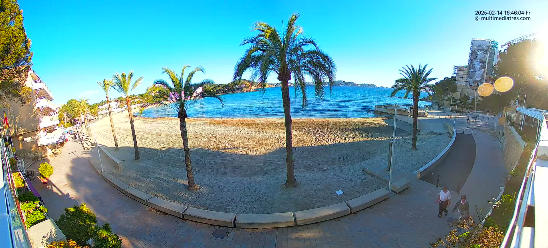 A sandy beach with palm trees lines a paved walkway next to calm, blue water under a clear, sunny sky.