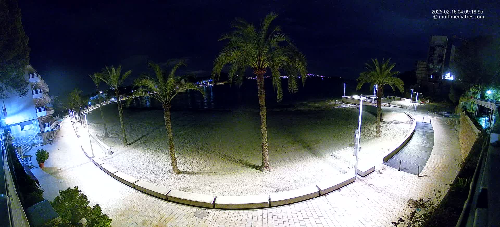 A nighttime view of a sandy beach bordered by a paved walkway, palm trees, and buildings, illuminated by artificial light.