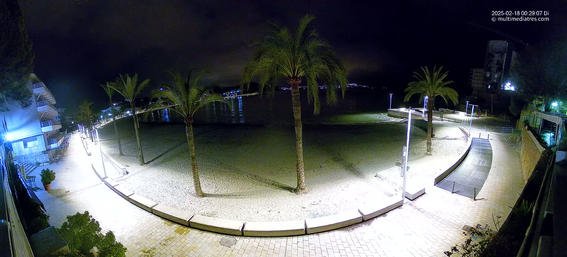 A nighttime view of a sandy beach, bordered by palm trees, a paved walkway, and buildings, with calm water visible in the background.