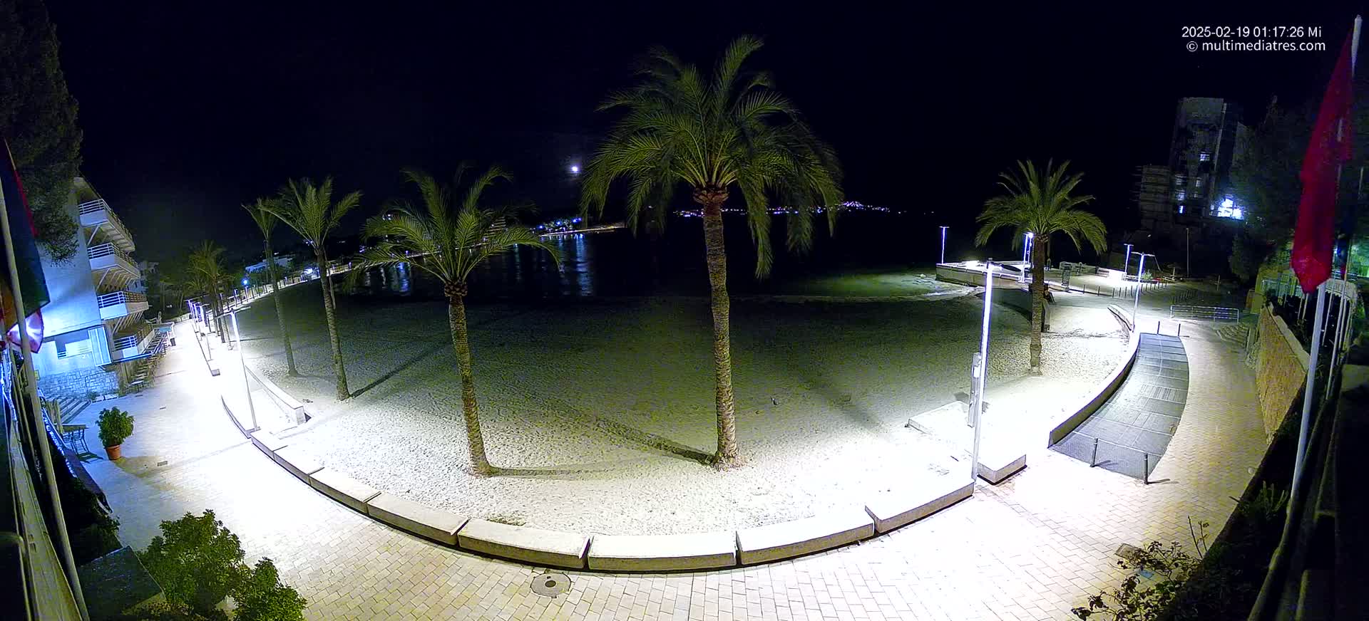 A nighttime view of a sandy beach, illuminated by streetlights, lined with palm trees and bordered by a paved walkway next to buildings.