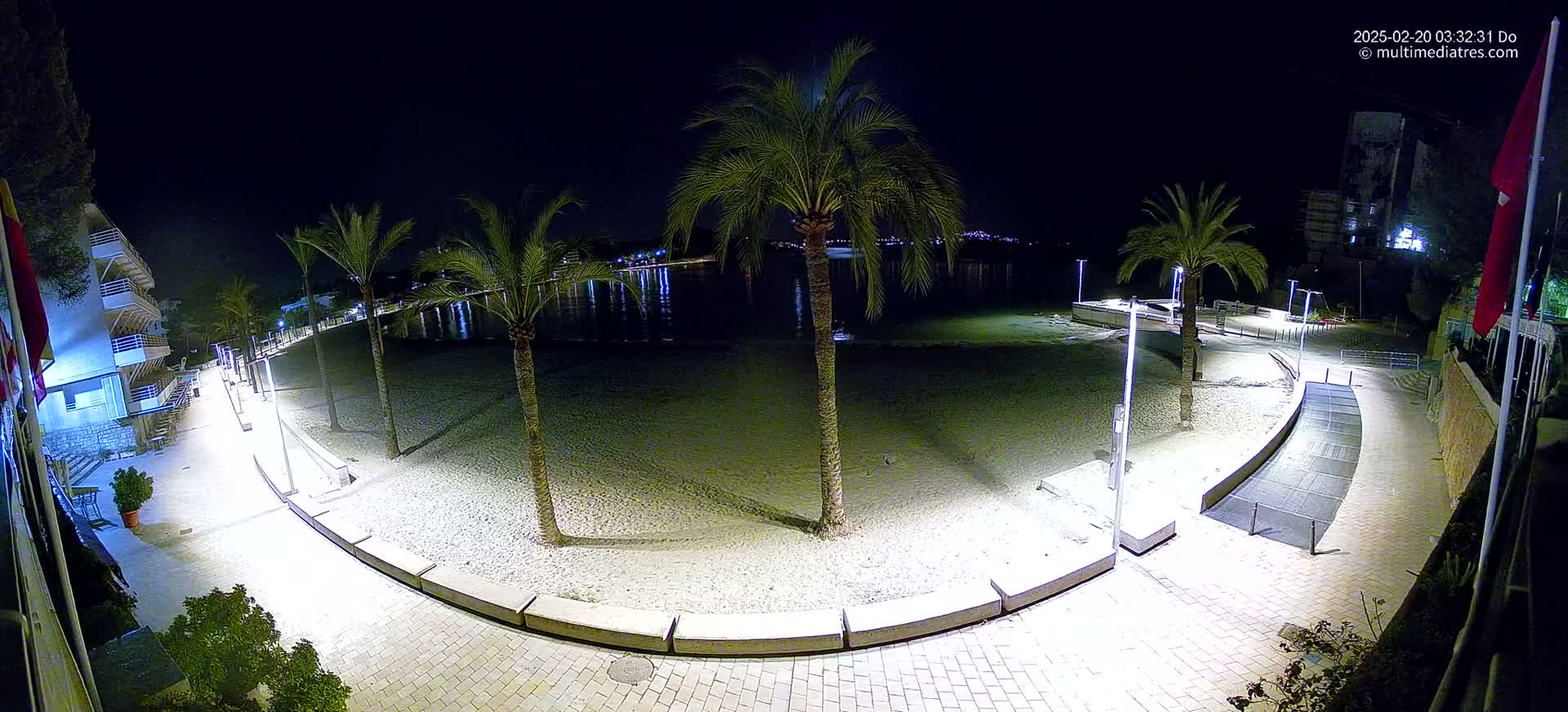 A nighttime view of a sandy beach with palm trees and a paved walkway illuminated by lights, overlooking calm water.