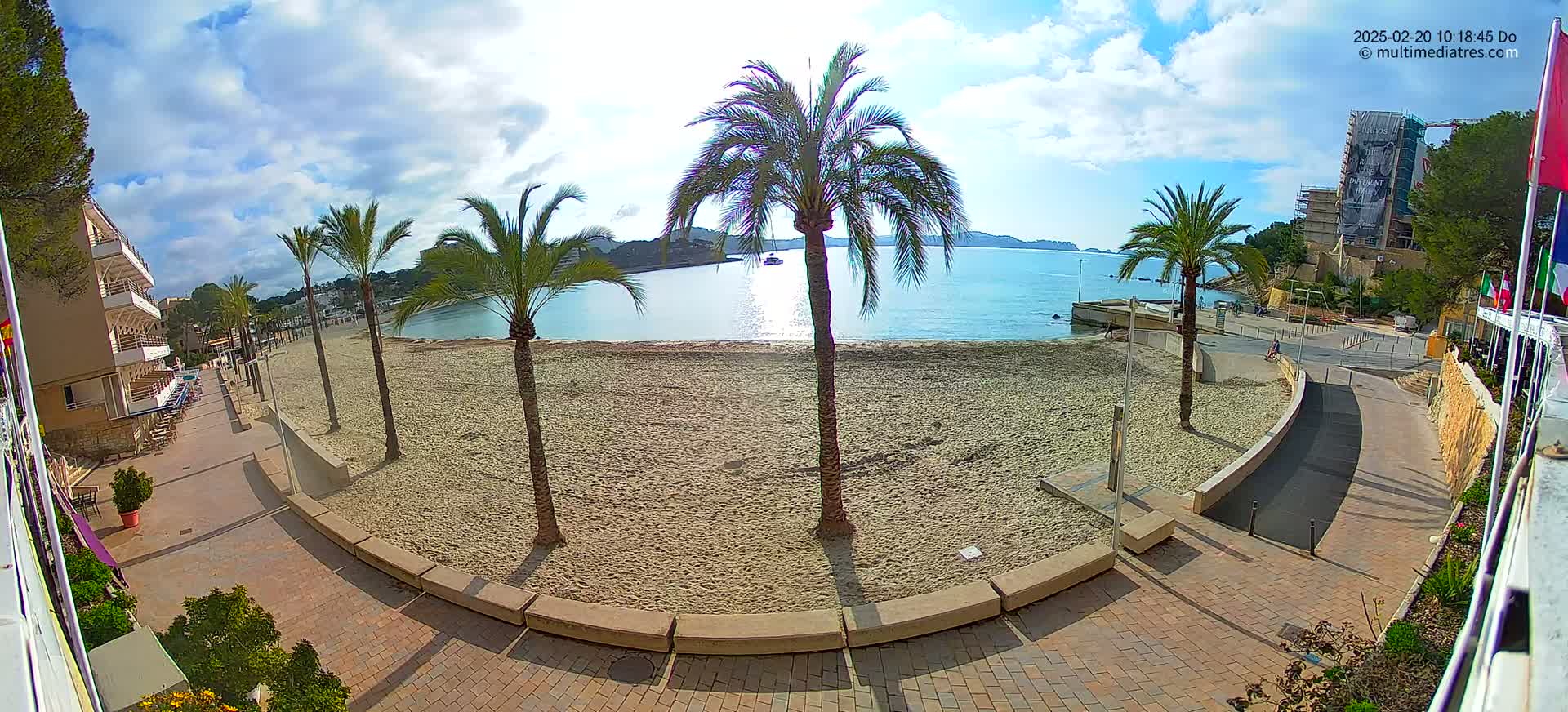 A sandy beach with palm trees is seen from an elevated vantage point on a partly cloudy day, overlooking calm water and buildings in the distance.