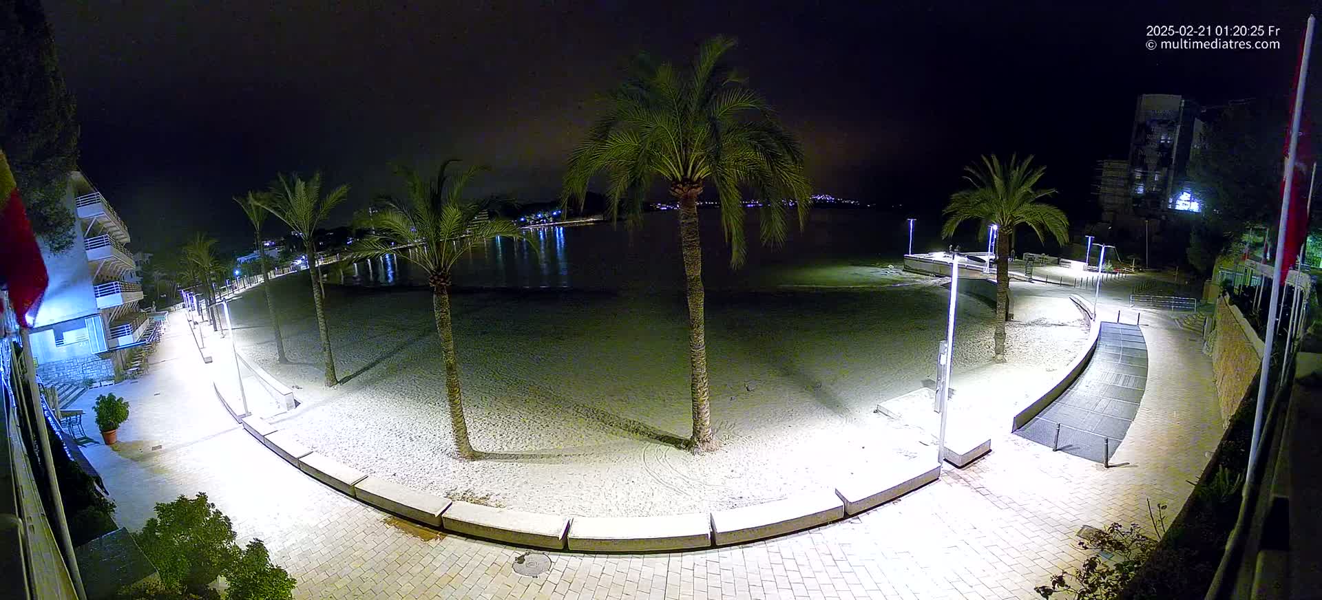 A nighttime view of a sandy beach, lined with palm trees and illuminated walkways, next to a calm body of water.