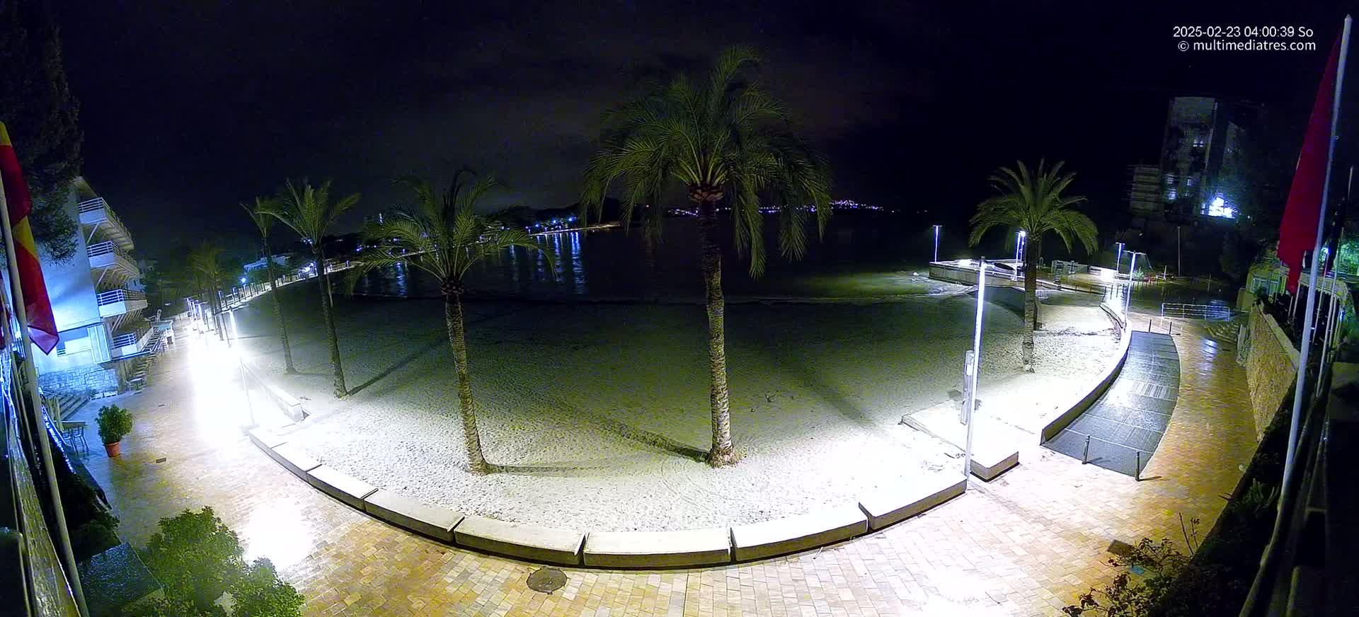 A nighttime, wet beach scene shows a paved walkway curving around a sandy beach area, lined with palm trees and illuminated by streetlights.