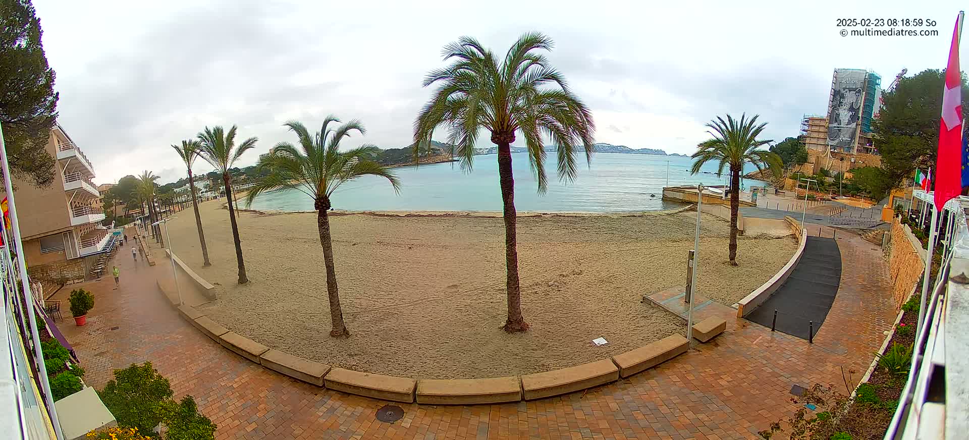 A sandy beach with several palm trees is seen next to a brick walkway leading to a building, all under an overcast sky.
