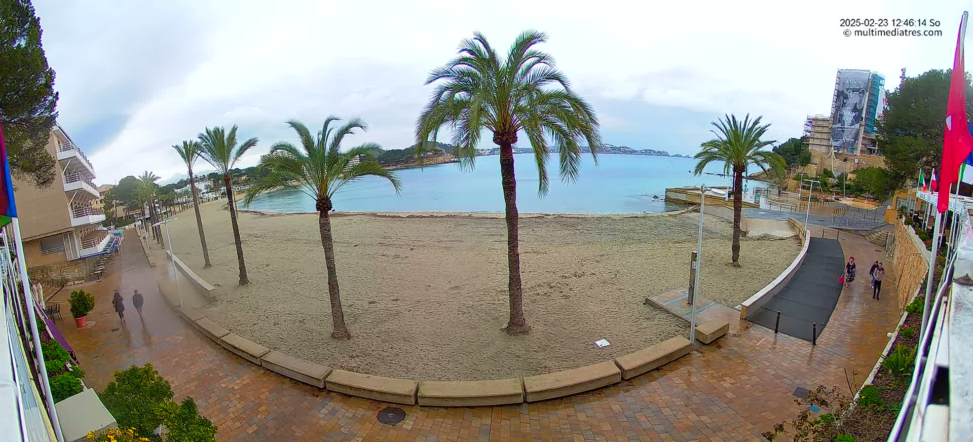 A wet, sandy beach with several palm trees is seen from above, alongside a brick walkway and buildings under an overcast sky.