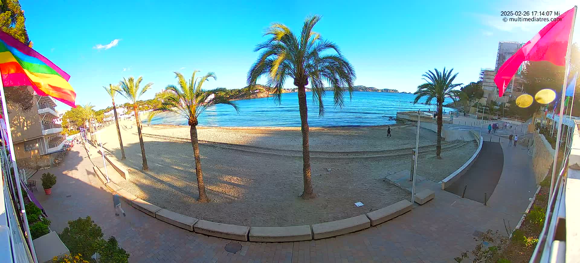 A sandy beach with palm trees and calm blue water is viewed from a paved walkway on a sunny day.