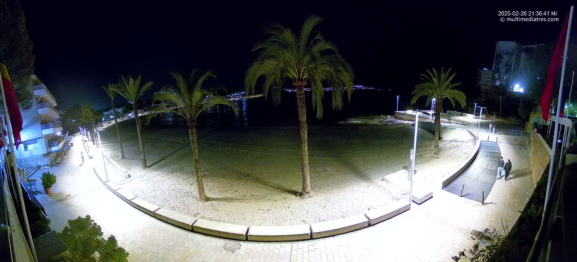 A nighttime view of a sandy beach bordered by a lit walkway, palm trees, and buildings, under a clear, dark sky.