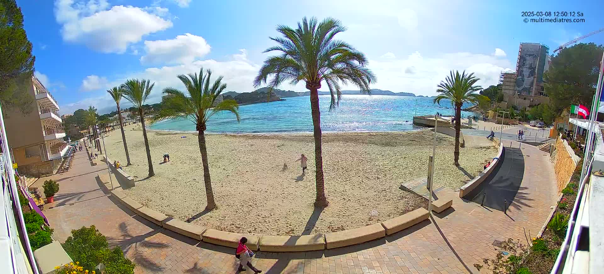 A sandy beach with palm trees and a few people is seen from an elevated vantage point, under a mostly sunny sky.