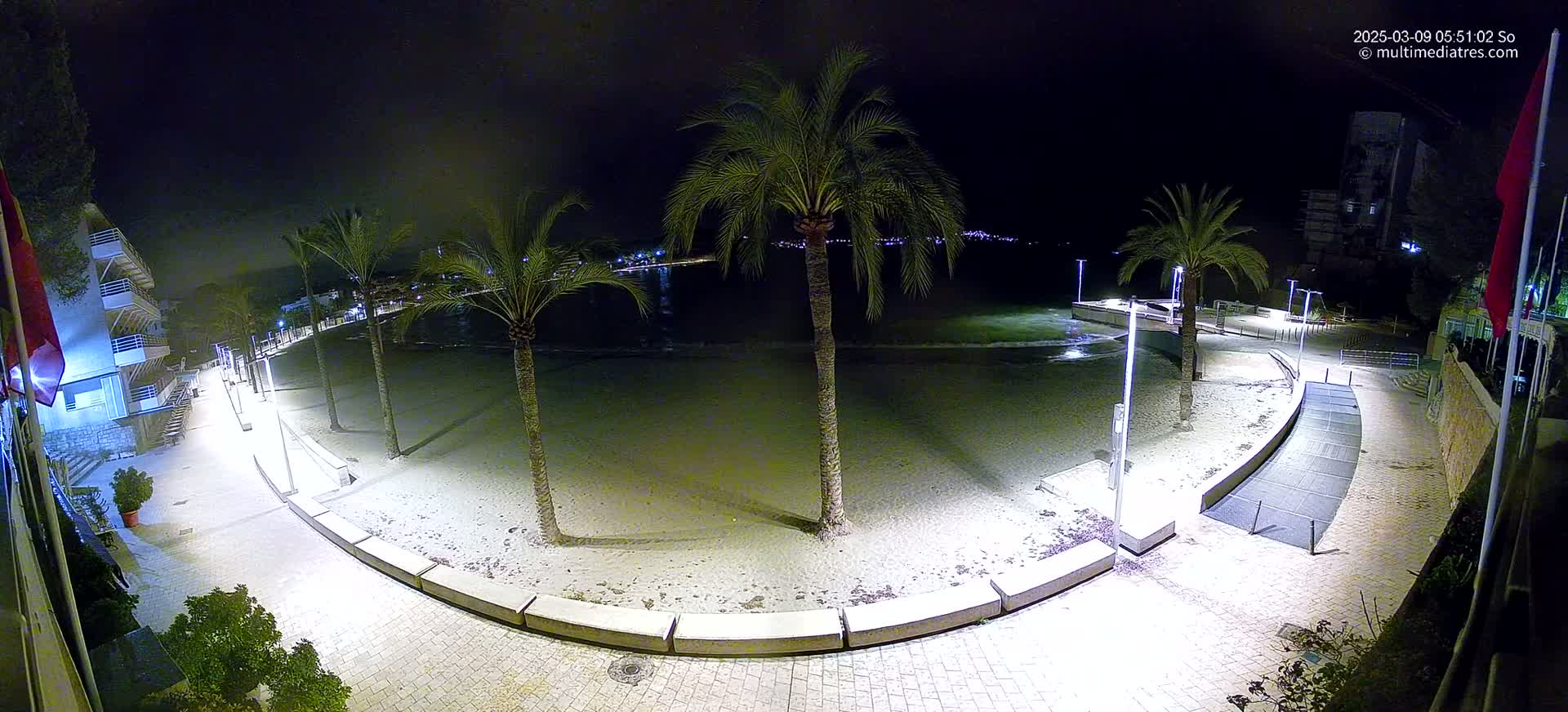 A nighttime view of a sandy beach bordered by a paved walkway, palm trees, and buildings, illuminated by artificial light.