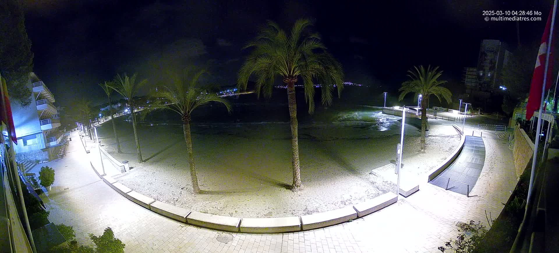 A nighttime view of a sandy beach with palm trees and a paved walkway, illuminated by lights, with a calm sea in the background.