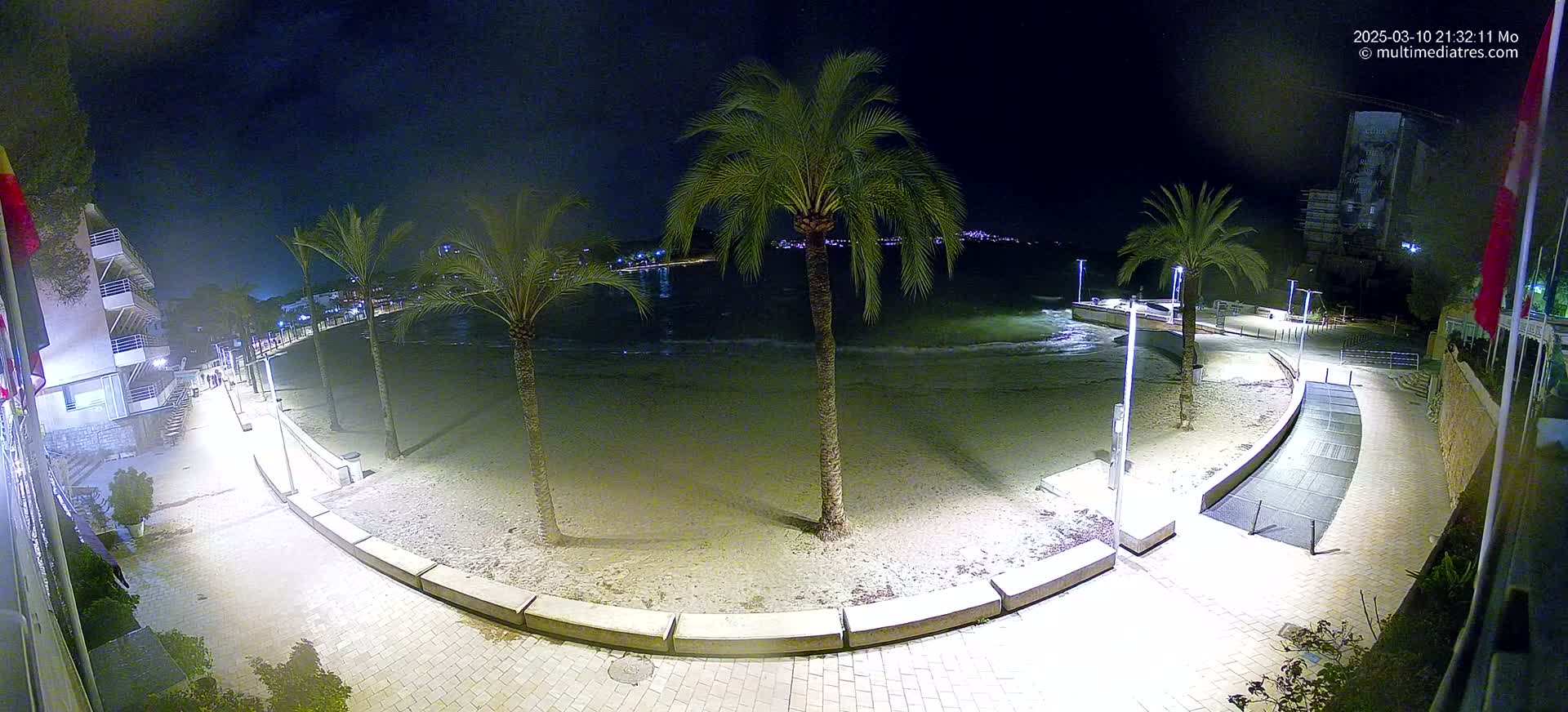 A nighttime view of a sandy beach with palm trees and a paved walkway, lit by artificial light, under a clear, dark sky.