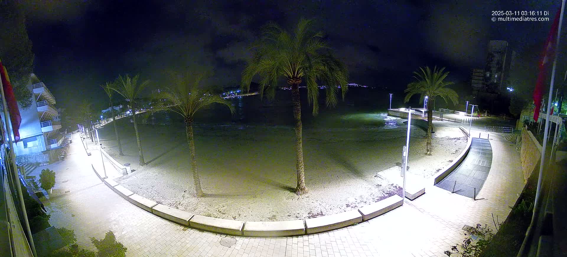 A nighttime view of a sandy beach with palm trees and a paved walkway, illuminated by artificial lights.