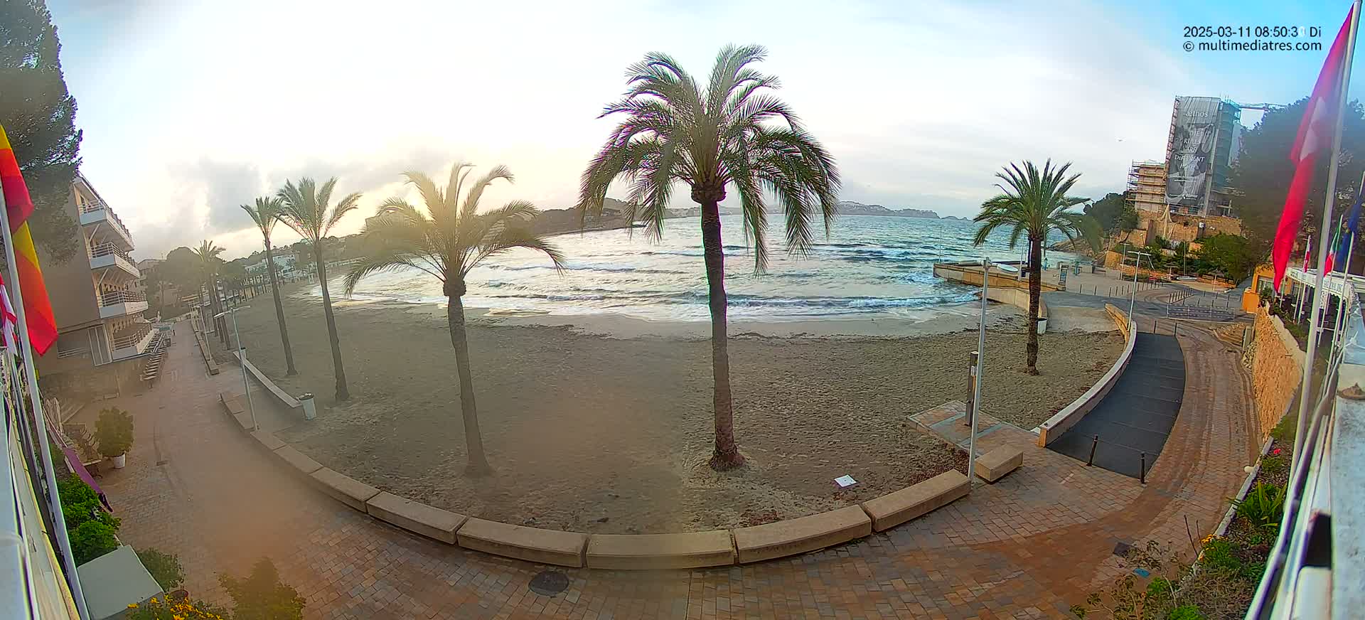 A sandy beach with palm trees and calm waves is visible from a paved walkway next to a building on an overcast morning.
