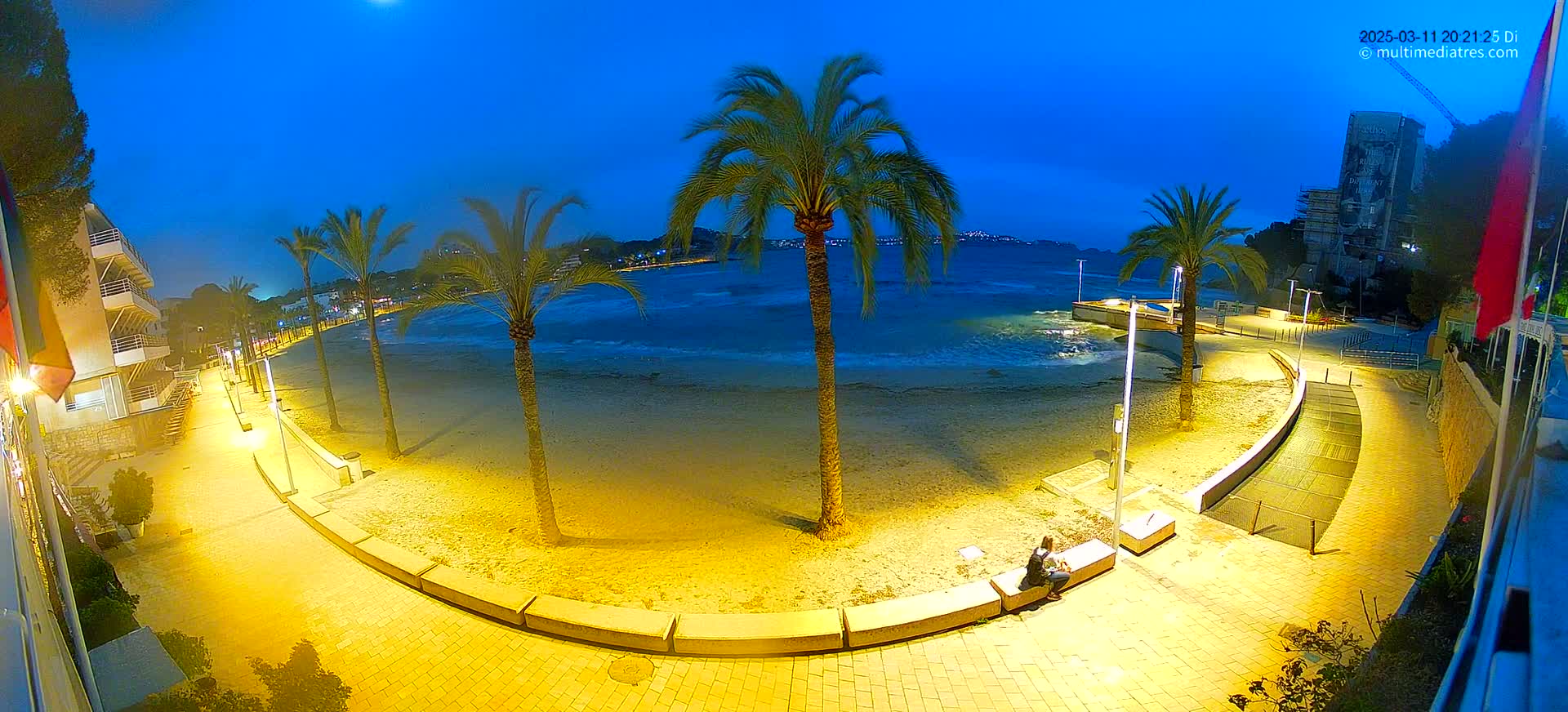 A nighttime beach scene shows a sandy shore lined with palm trees and lit walkways, under a clear, dark blue sky with a calm sea.