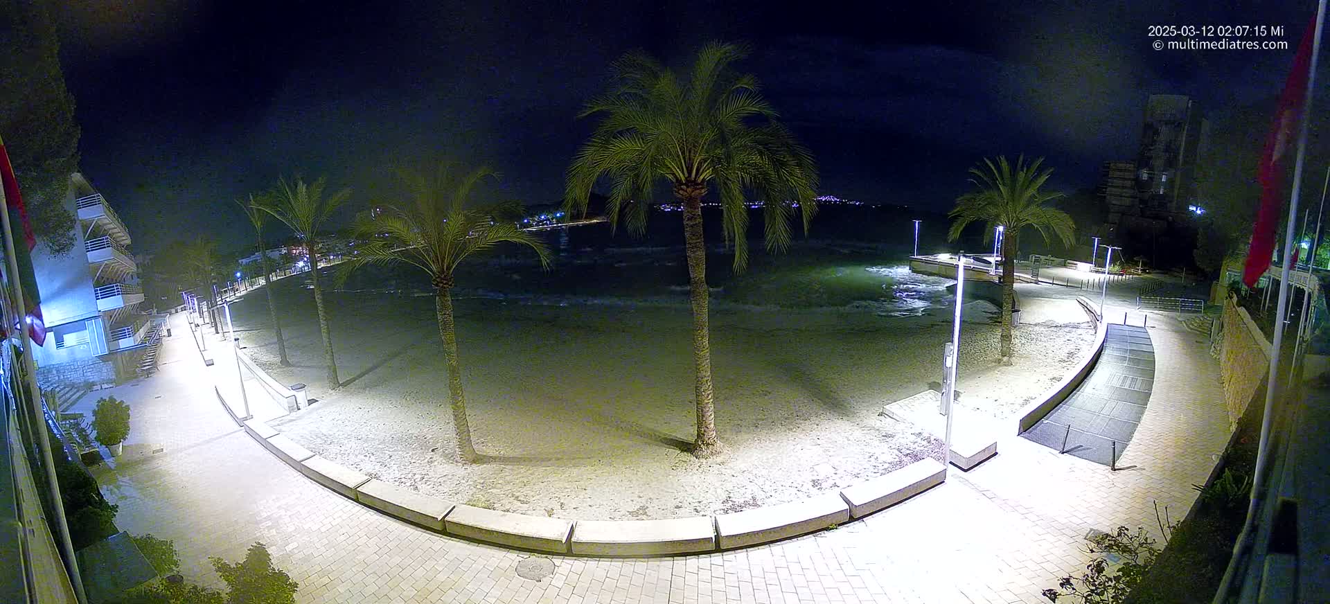 A nighttime view of a sandy beach with palm trees, lit walkways, and gently lapping waves.