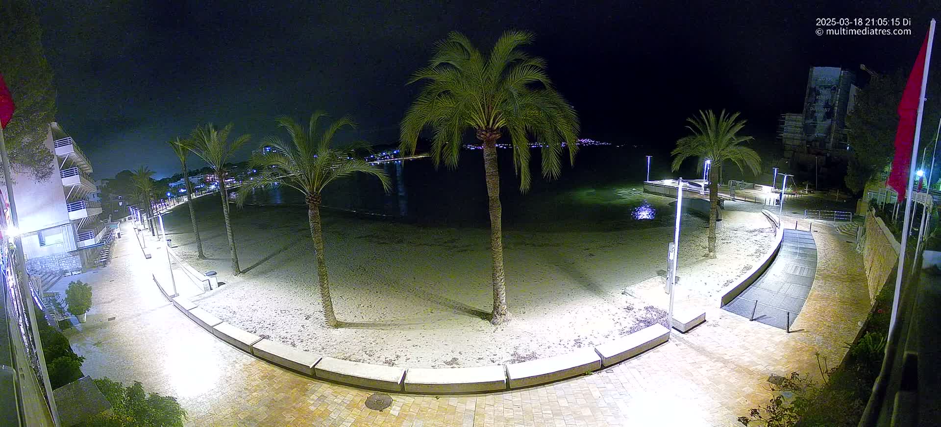 A nighttime, overhead view of a sandy beach with palm trees and a paved walkway, illuminated by lights, overlooking calm water and distant city lights.