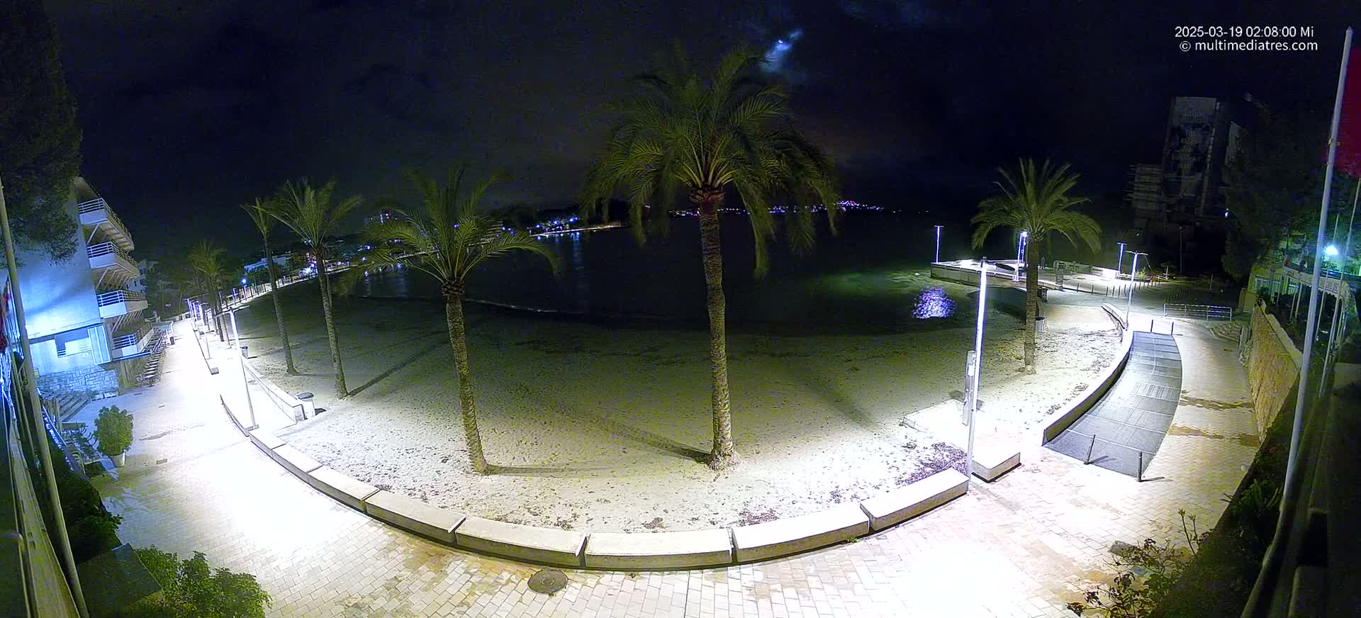 A nighttime view of a sandy beach, illuminated by streetlights, with palm trees lining a paved walkway next to calm water.