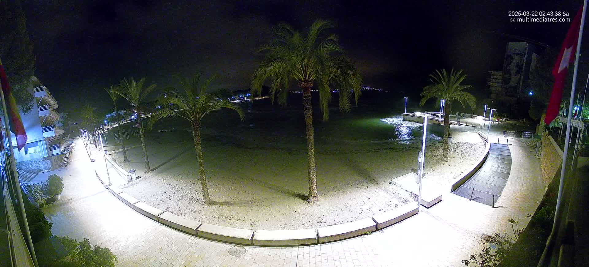 A nighttime, overhead view of a sandy beach with palm trees and a paved walkway illuminated by artificial lights, with calm water visible in the background.