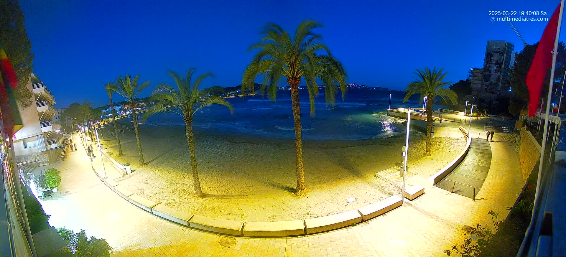 A nighttime view of a sandy beach with palm trees, a paved walkway, and buildings, under a clear, dark blue sky with a slightly wavy ocean.