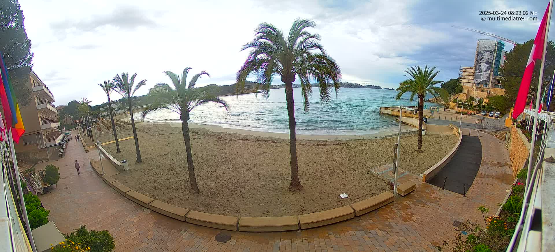 A sandy beach with palm trees and calm waves under an overcast sky is viewed from a high vantage point, showing a paved walkway leading to buildings in the background.