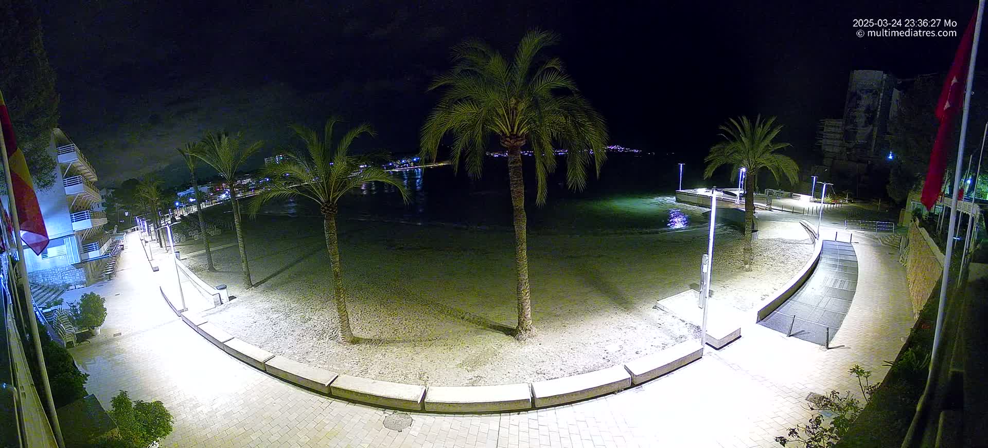A nighttime, high-angle view of a sandy beach with palm trees, a paved walkway, and buildings illuminated by streetlights.