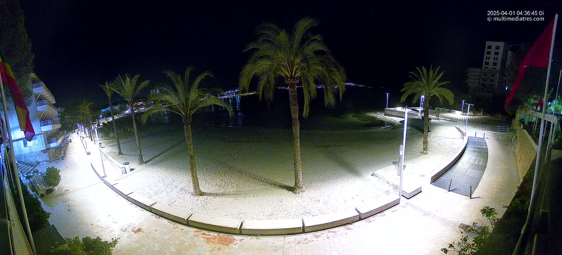 A nighttime view of a sandy beach bordered by a paved walkway, palm trees, and buildings, illuminated by artificial lights.