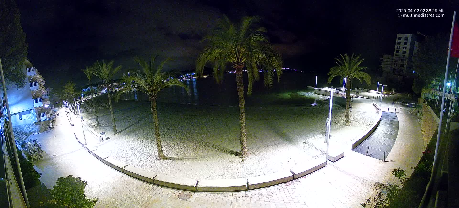 A nighttime view of a sandy beach with palm trees lining a paved walkway, illuminated by artificial lights, overlooks calm water and a dimly lit town across the water.