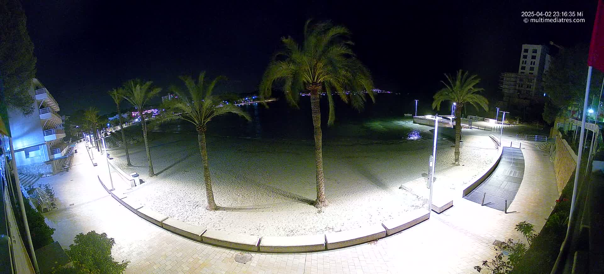 A nighttime view of a sandy beach at low tide, bordered by a paved walkway lined with palm trees and buildings, under clear skies.
