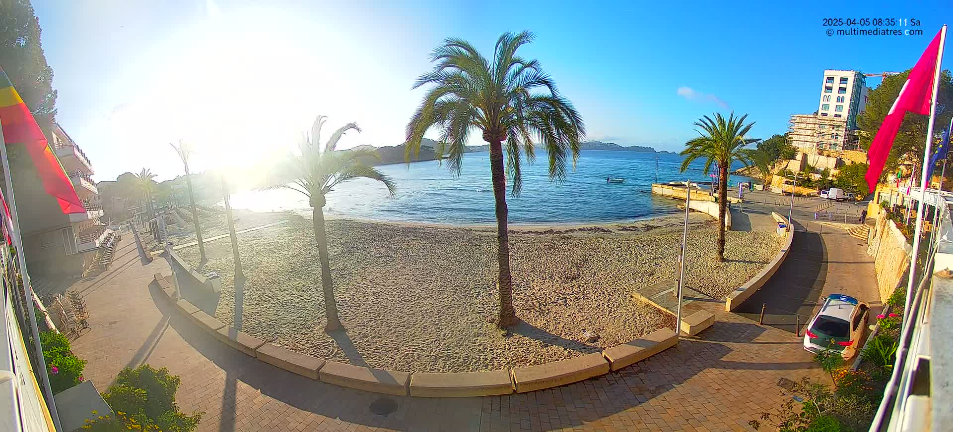 A sandy beach with palm trees is seen next to a paved walkway and buildings, under a sunny sky.