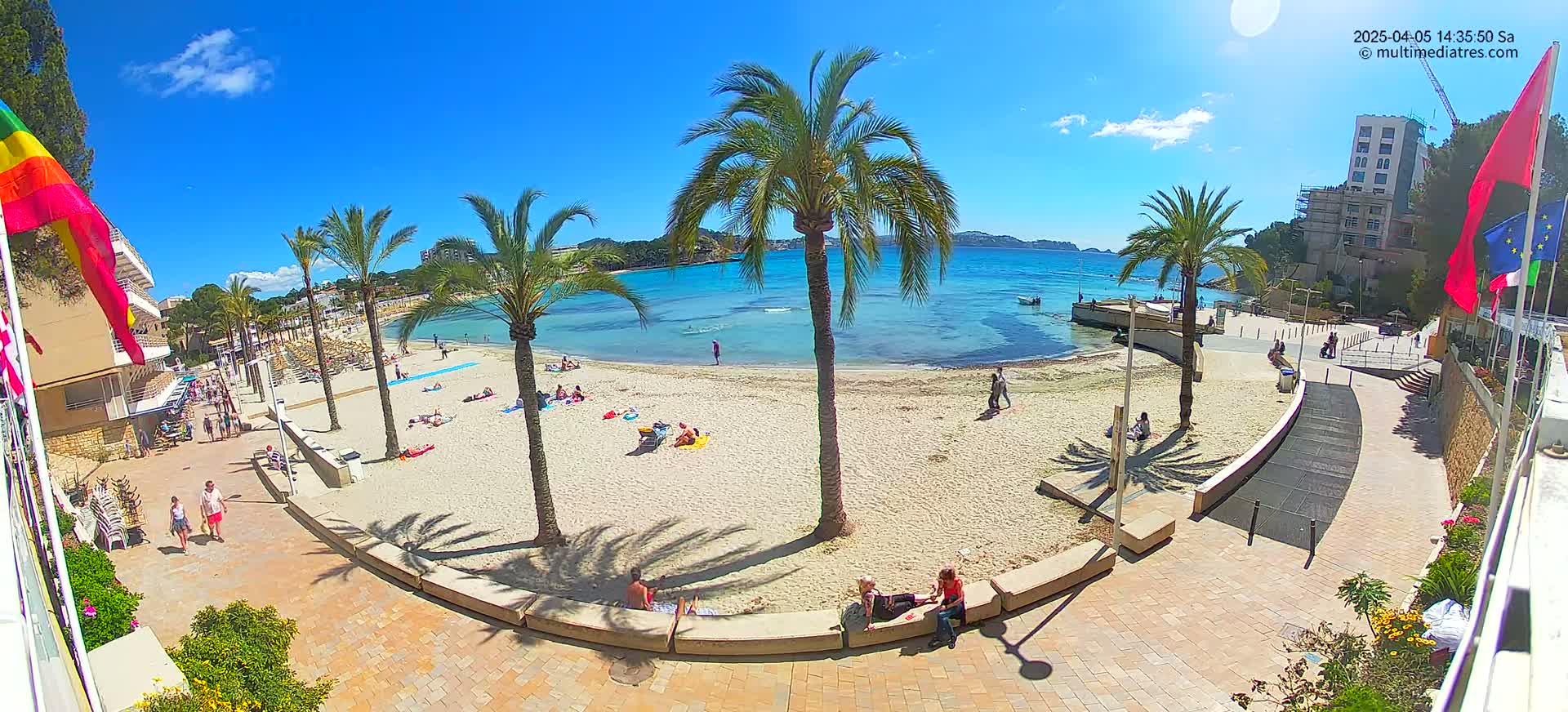 A sandy beach with palm trees and sunbathers is bordered by a paved walkway and buildings under a sunny sky.