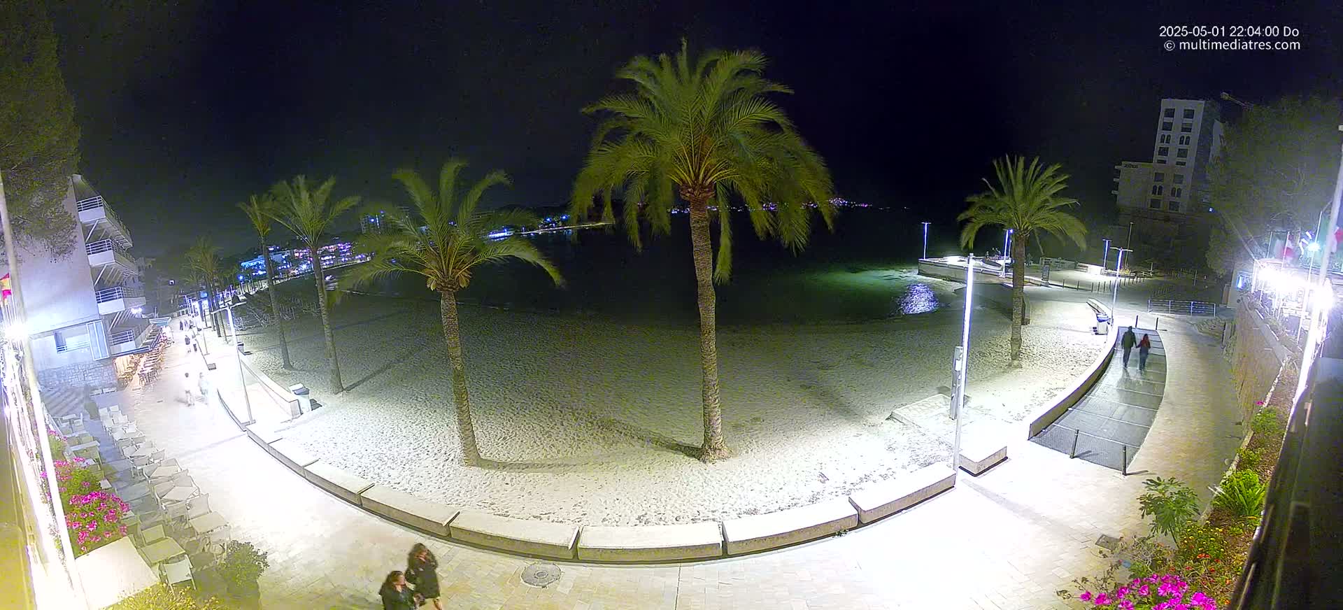 A nighttime, overhead view shows a sandy beach, palm trees, and a paved walkway bordering a calm body of water, with a few people walking along the path.