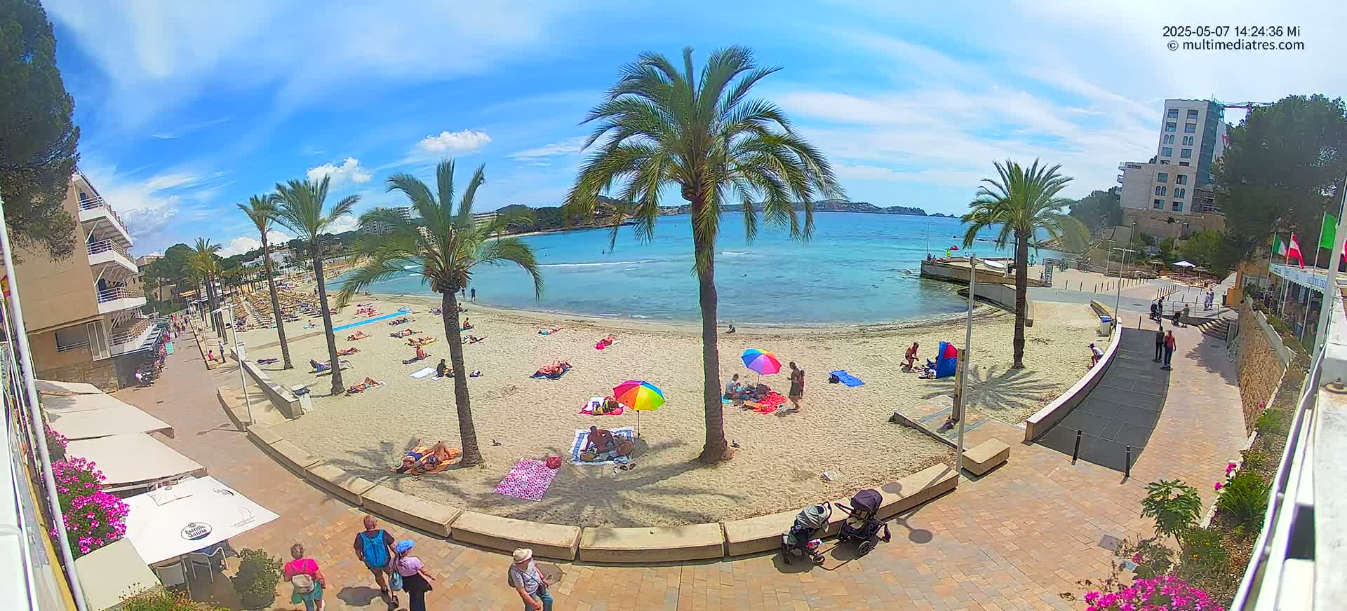 A sunny day at a sandy beach with palm trees, clear blue water, and people relaxing and swimming.
