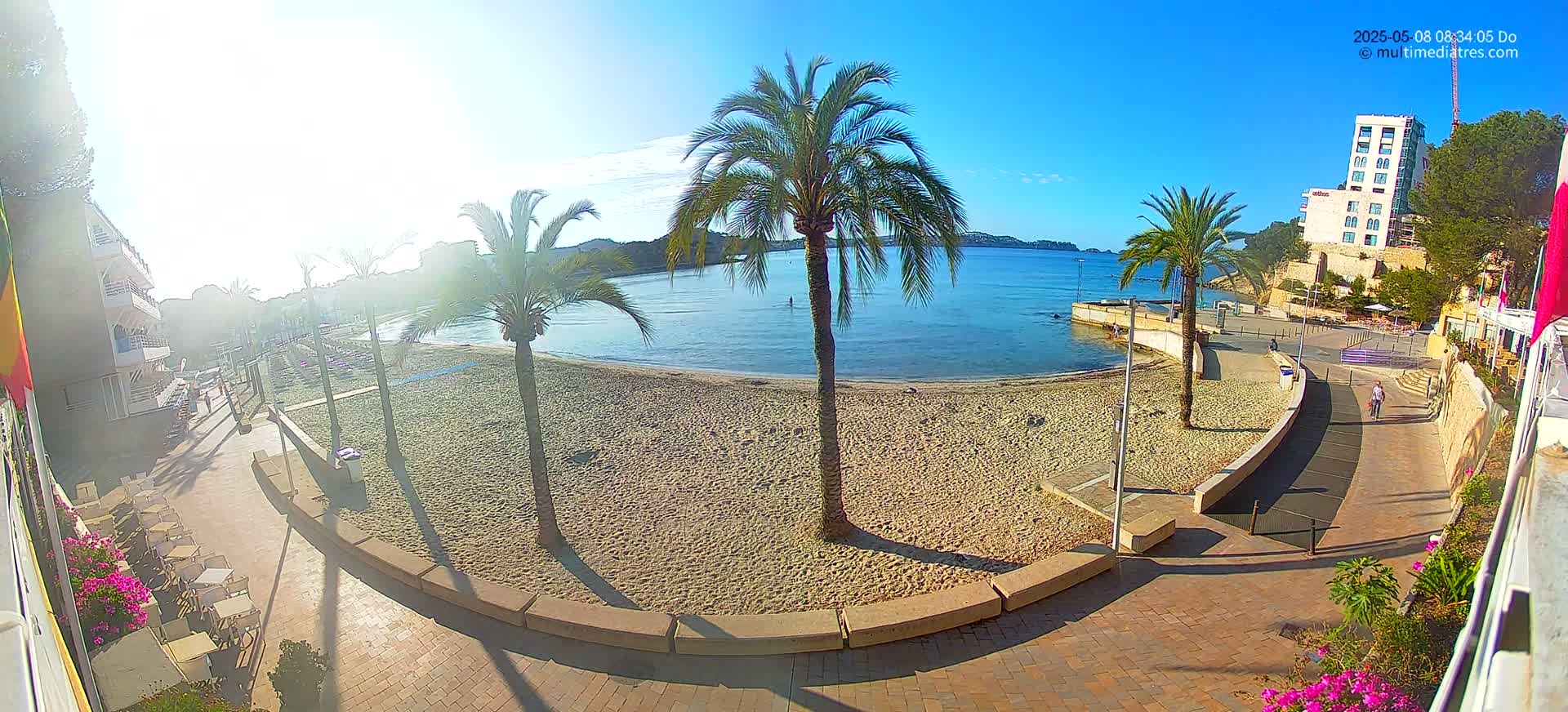 A sandy beach with palm trees and buildings overlooks a calm, blue bay under a sunny sky.