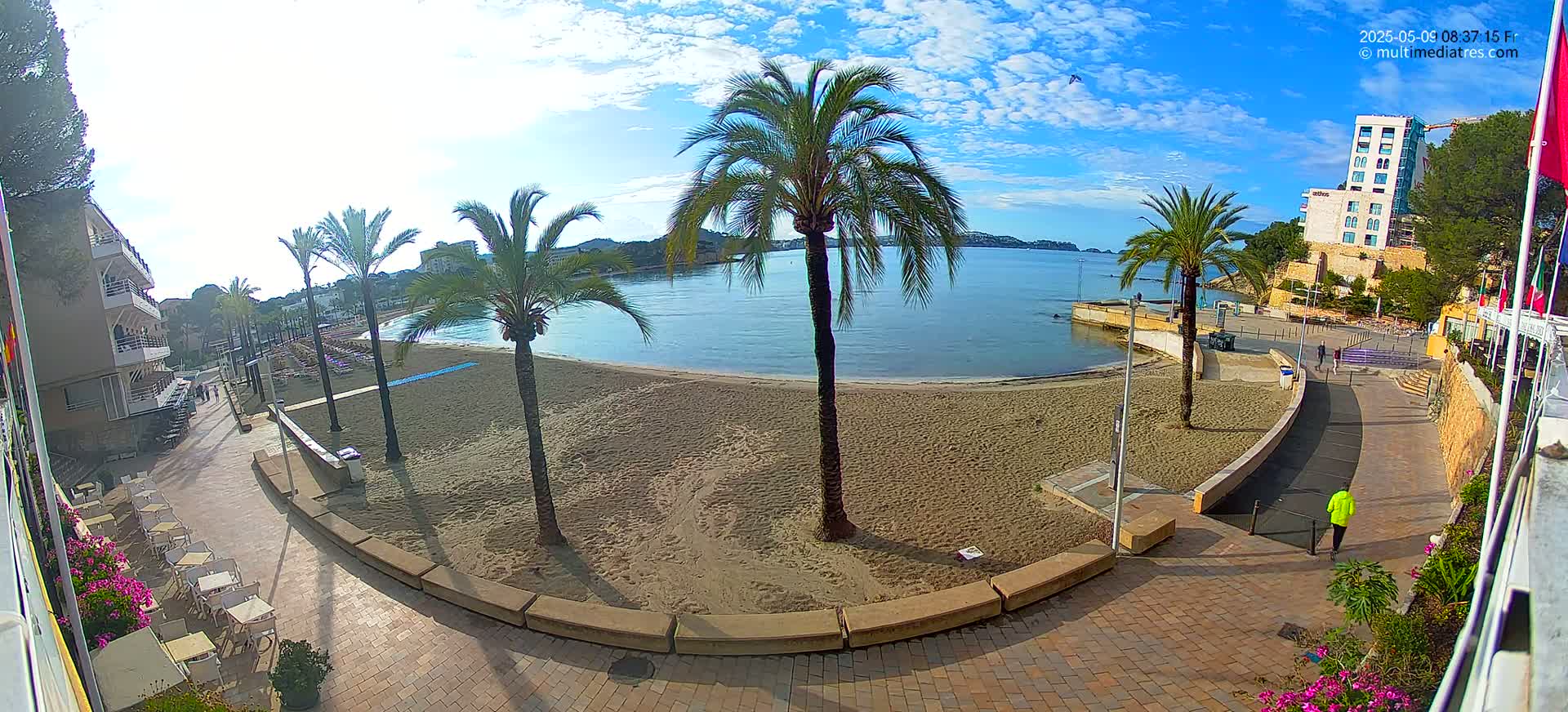 A sandy beach with palm trees is shown next to a paved walkway and buildings, under a partly sunny sky.