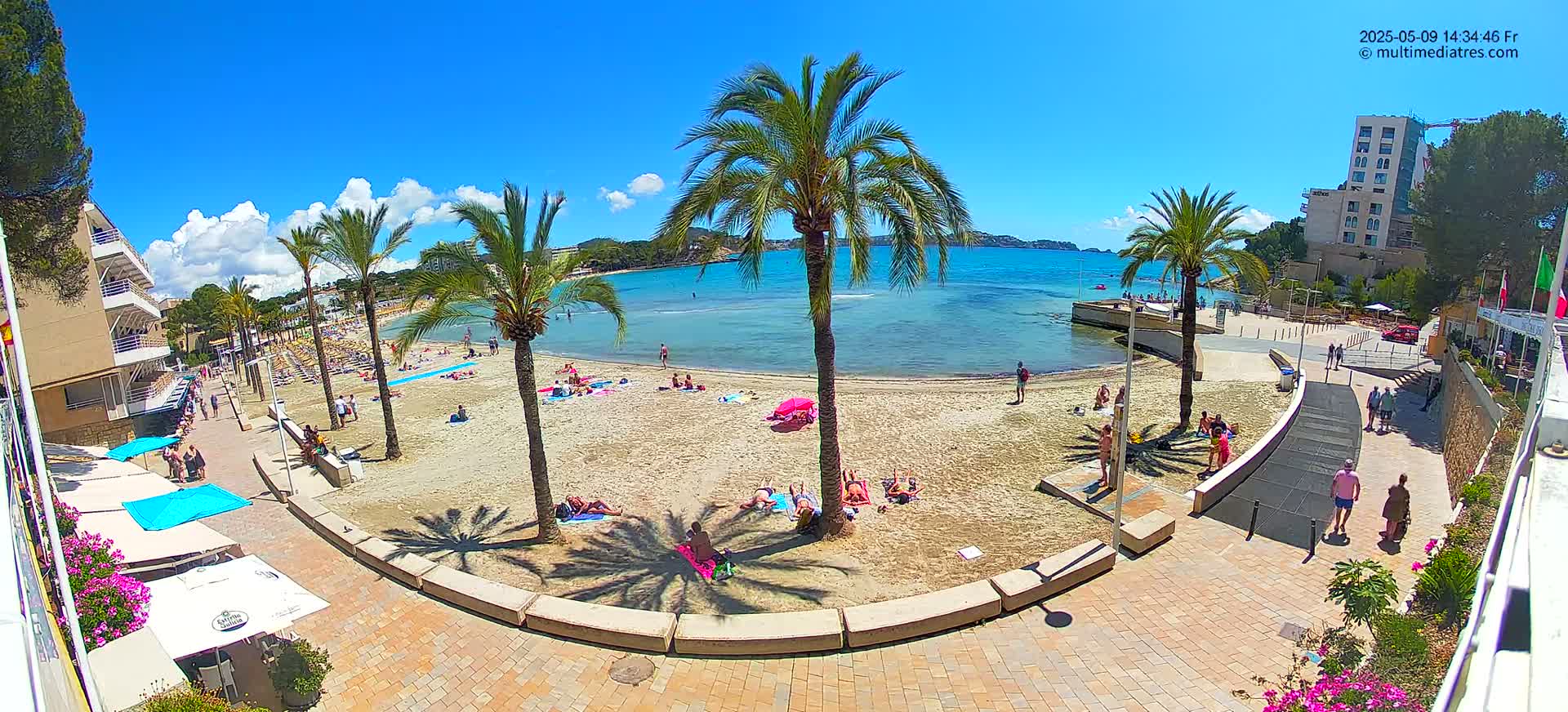 A sandy beach with sunbathers and palm trees is seen from above on a sunny day, next to a paved walkway and buildings.