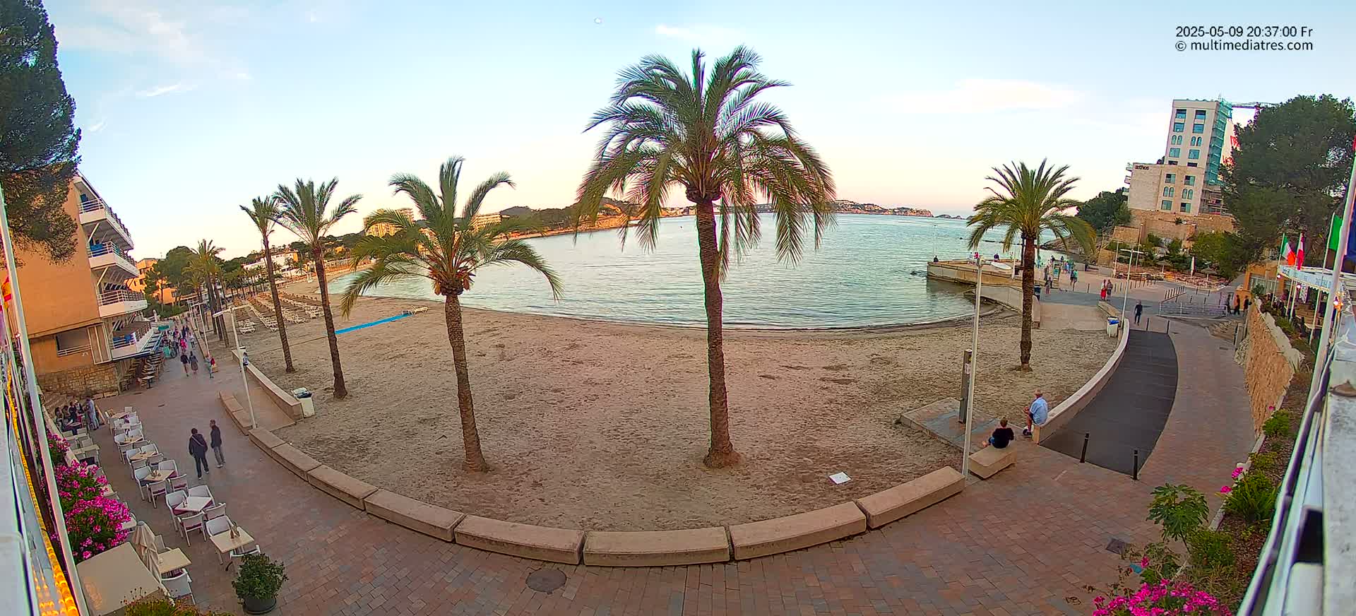 A sandy beach with palm trees and several people walking along a paved walkway next to a calm body of water under a clear evening sky.