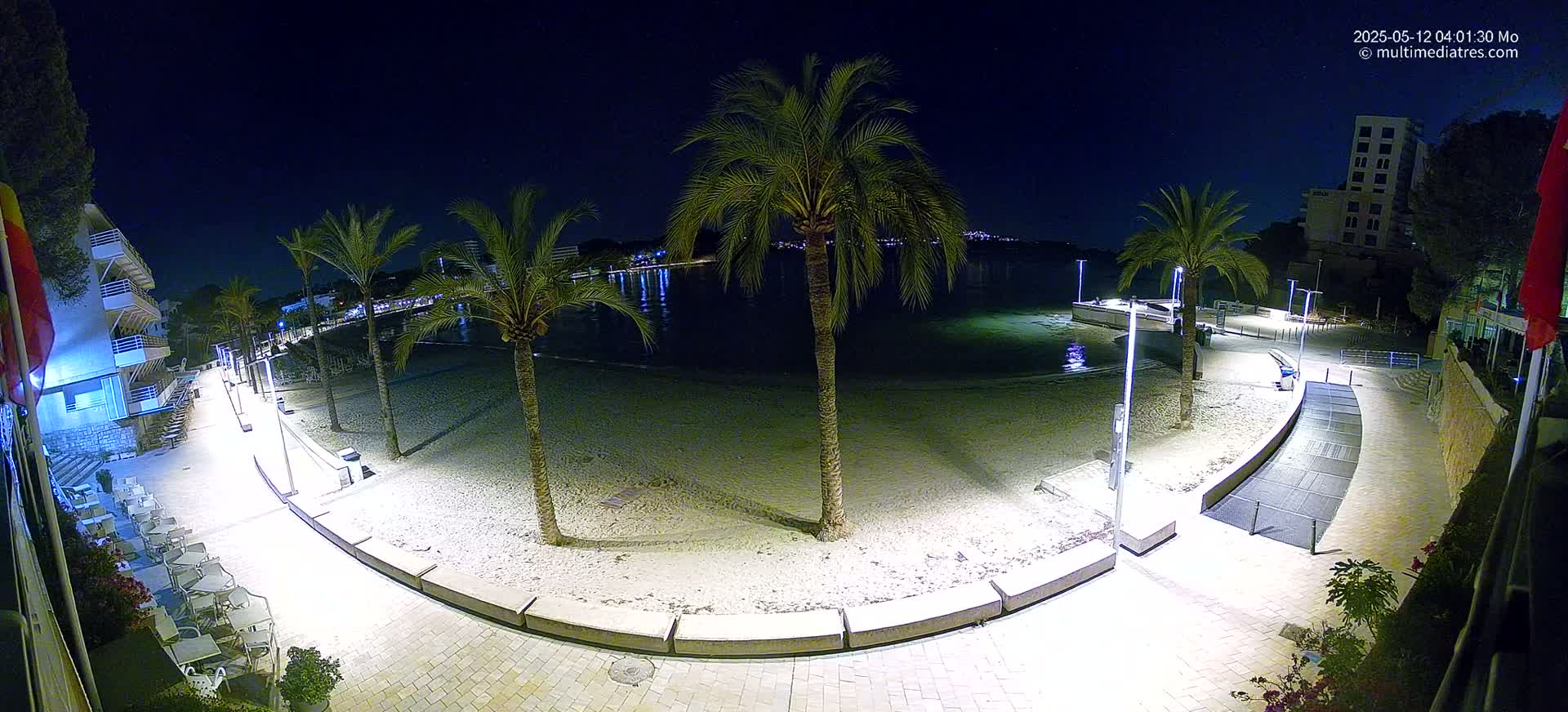 A nighttime view of a sandy beach, palm trees, and a paved walkway illuminated by lights, next to a calm body of water.
