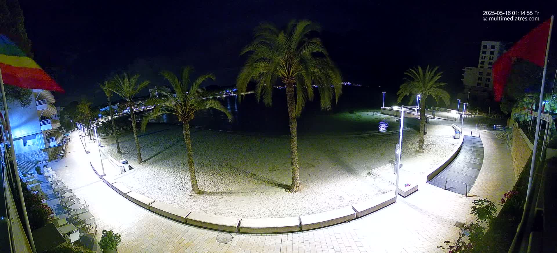 A sandy beach with palm trees and calm blue water is viewed from a seaside promenade on a sunny day.