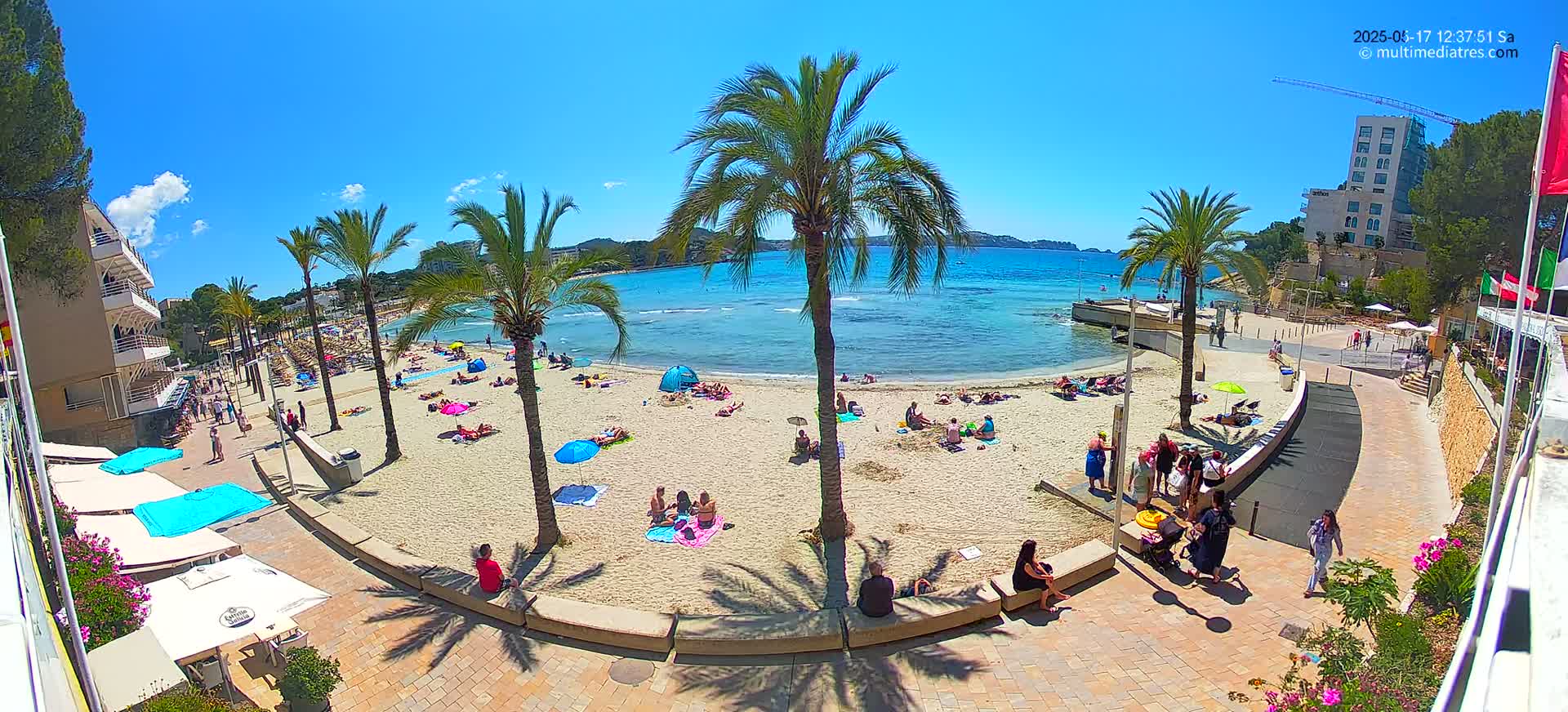 A sunny beach scene shows a sandy shore lined with palm trees, numerous people relaxing and swimming in the clear blue water, and buildings along the beachfront.