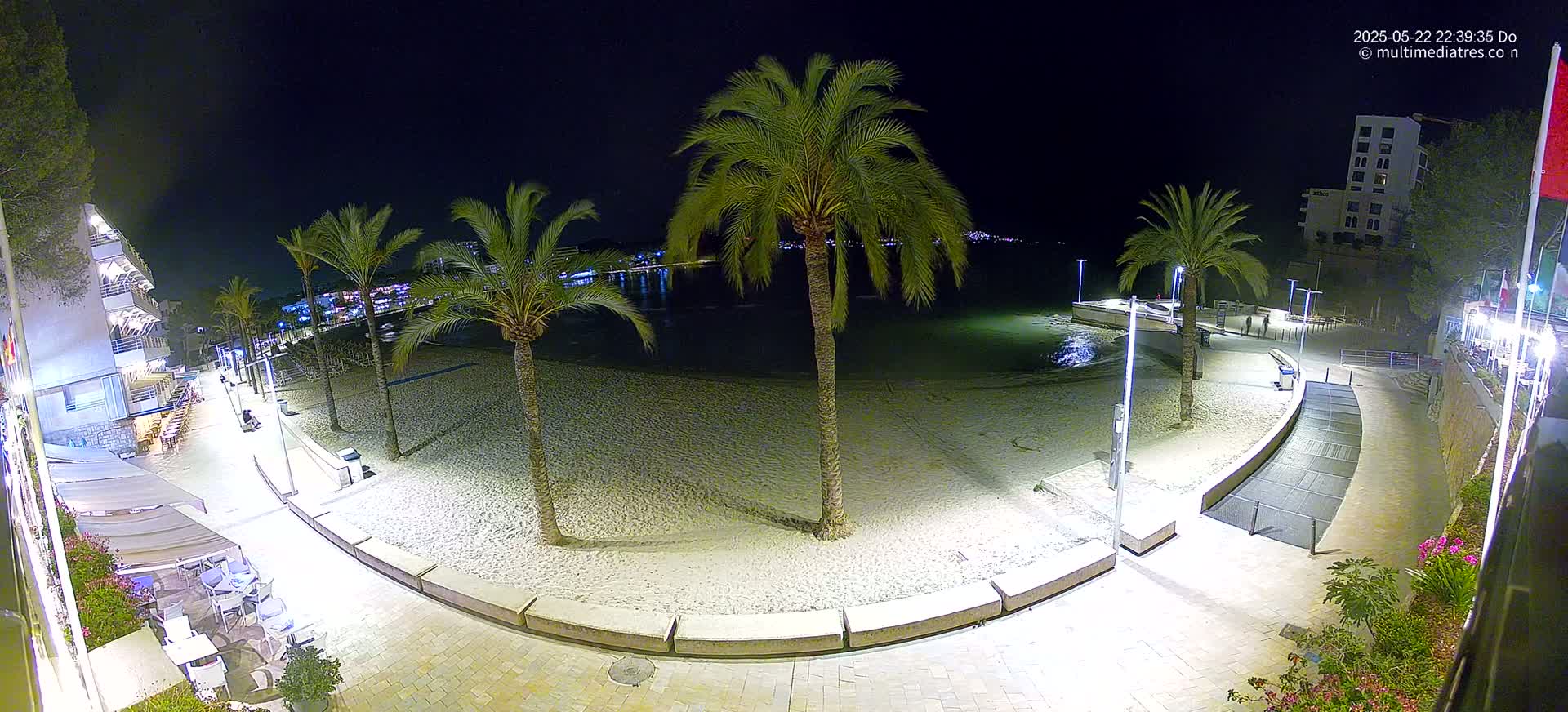 A nighttime view of a sandy beach at the edge of a town, with palm trees lining a paved walkway and buildings visible in the background under clear skies.