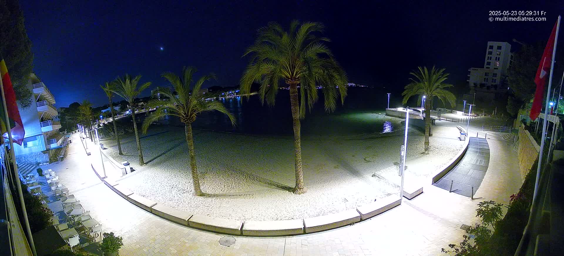 A nighttime, overhead view of a sandy beach bordered by a paved walkway, palm trees, and buildings, under a clear, dark sky.