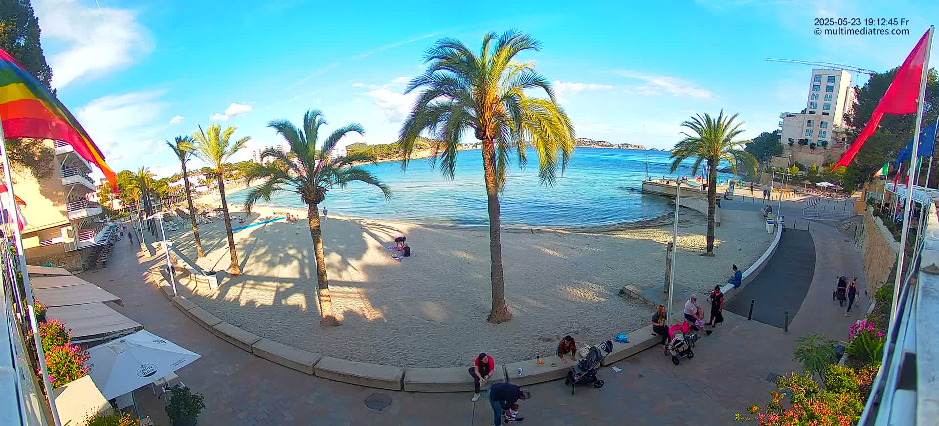 A sunny beach with palm trees, people relaxing, and buildings in the background.
