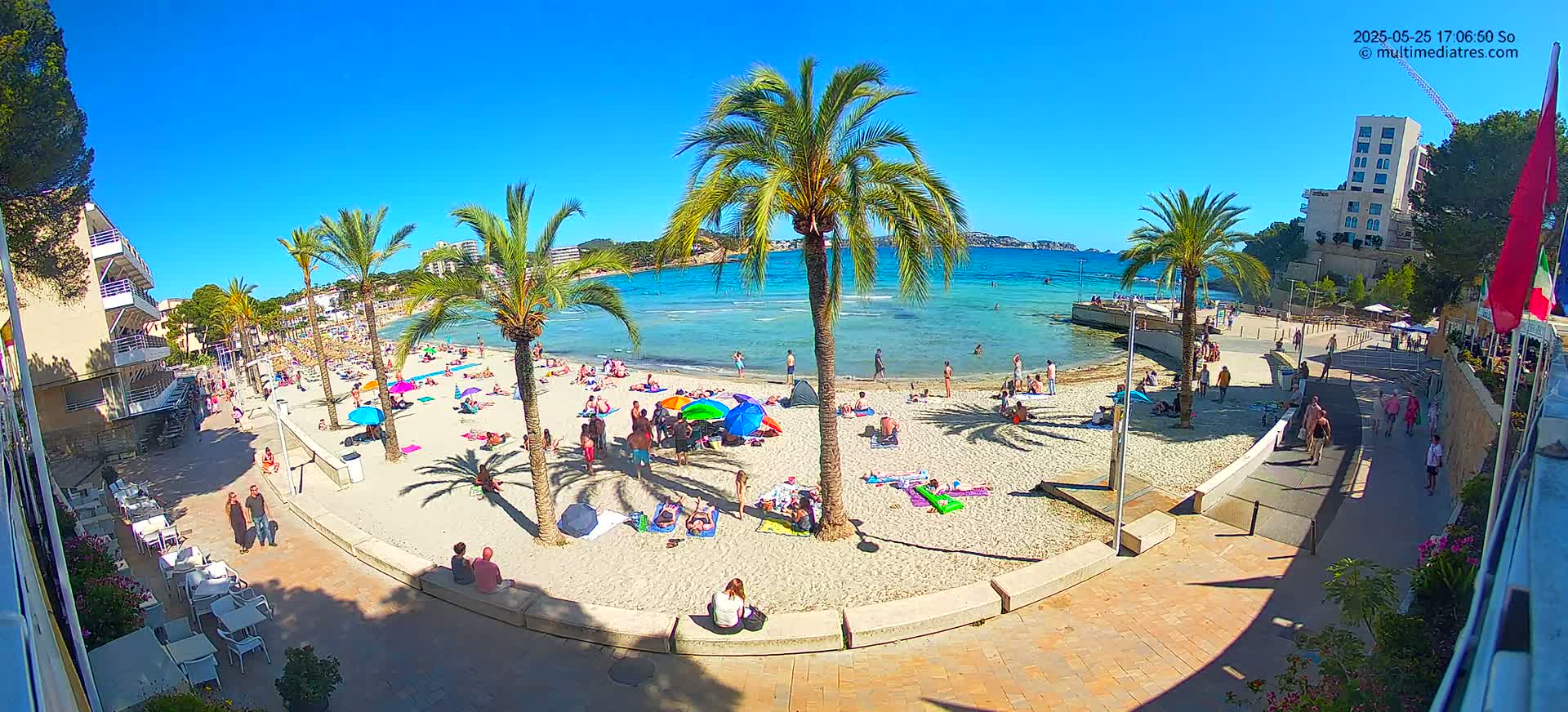 A sunny beach scene shows a sandy shore lined with palm trees and beachgoers, next to a paved walkway and buildings, with calm, clear water visible beyond.