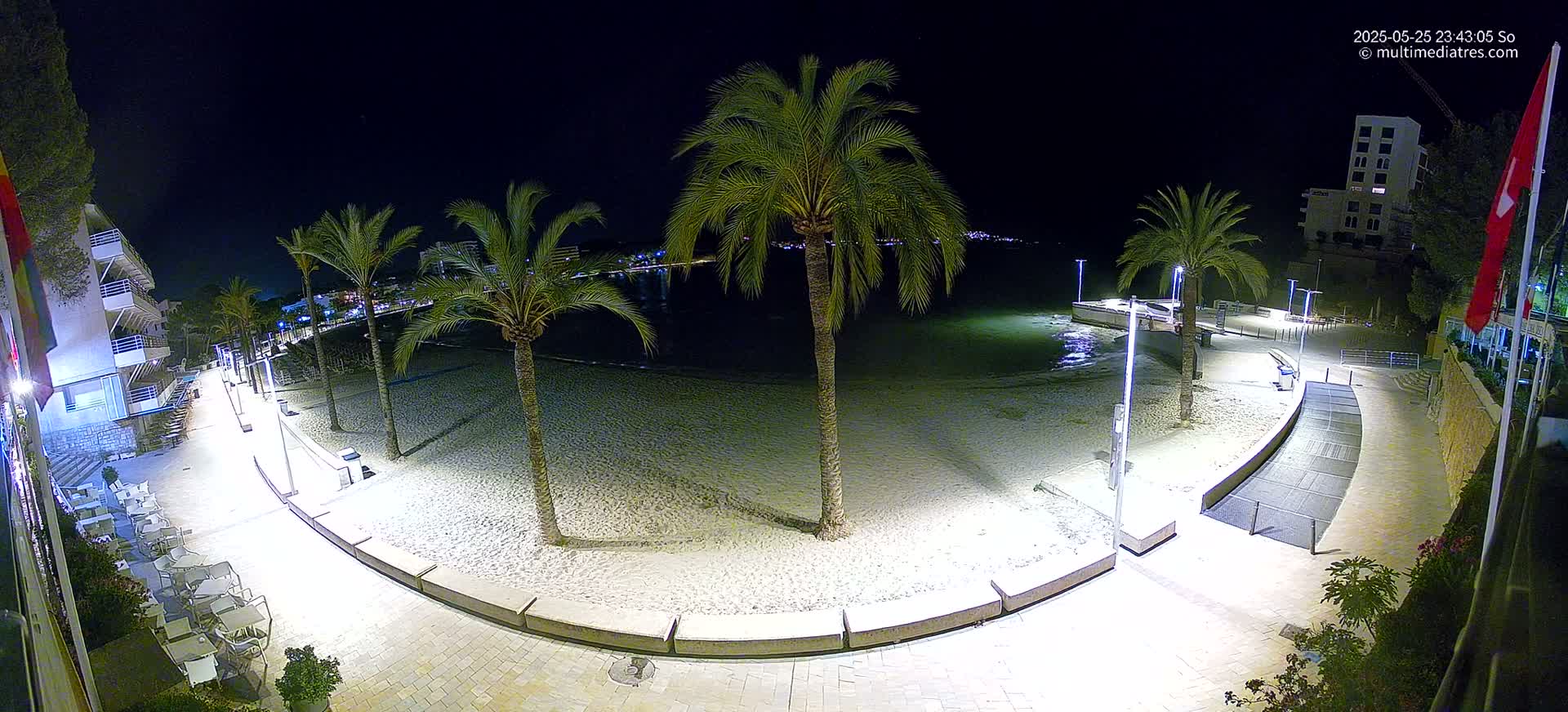 A nighttime, overhead view shows a sandy beach, palm trees, and a paved walkway illuminated by artificial light, overlooking a calm body of water.